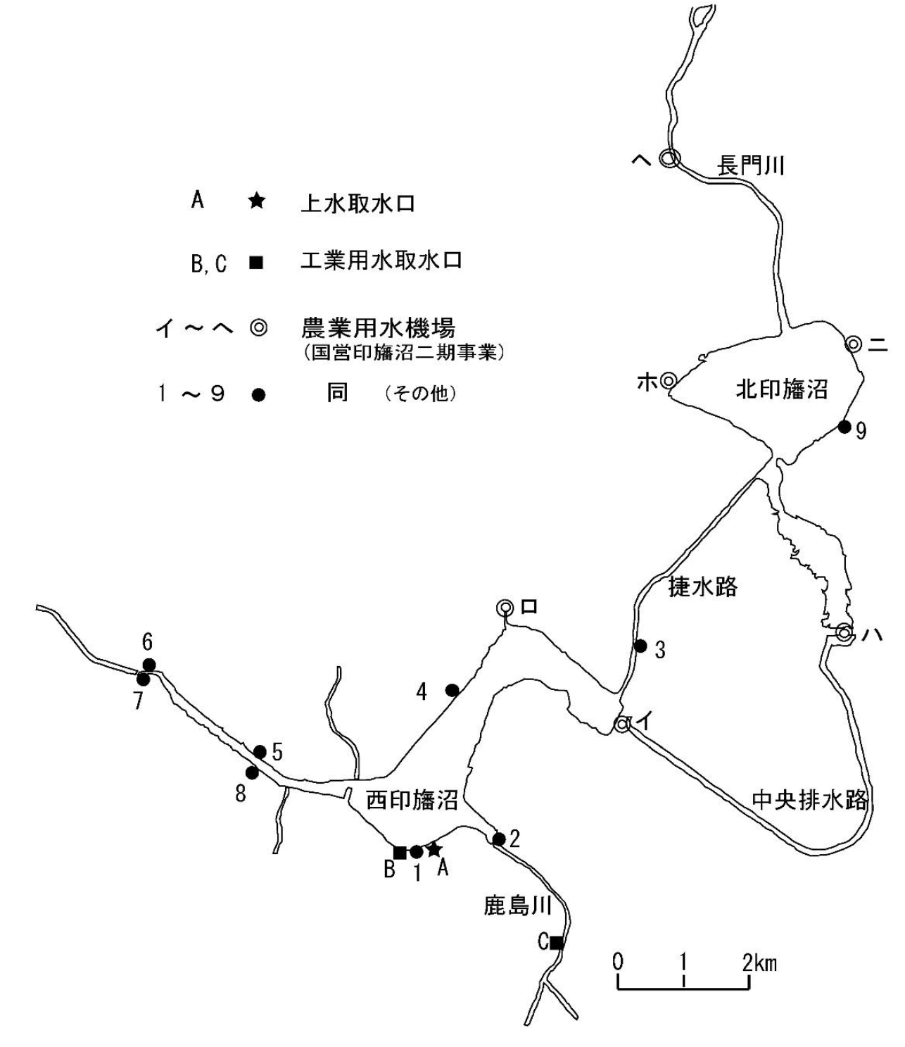 第2.3図　上水・工業用水の取水施設と農業用水の主な揚・排水機場の設置場所